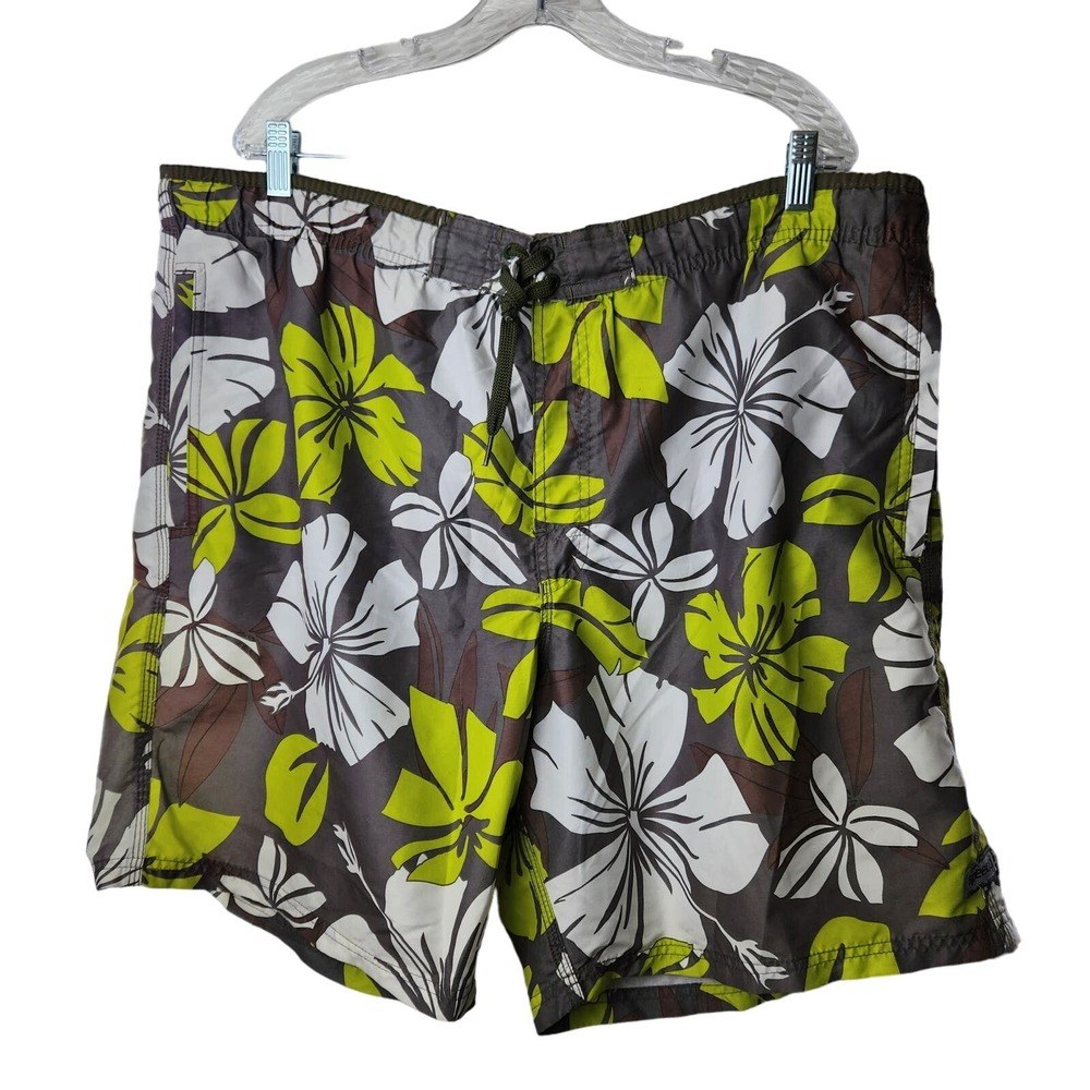 Speedo Hibiscus Floral Board Shorts XL Brown Lime Green Tropical Swim Trunks